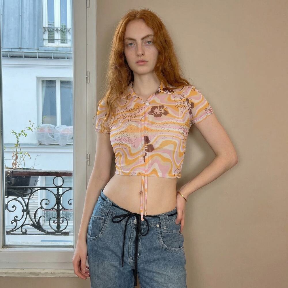 Vintage Italian Y2K Ruch Tropical Print Mesh Crop Top (S)